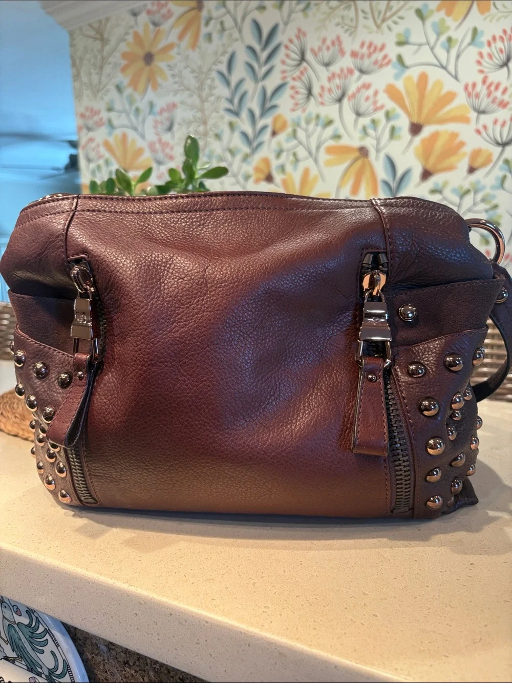Makowsky Rose-Gold Studded Brown Leather Crossbody Hobo Bag